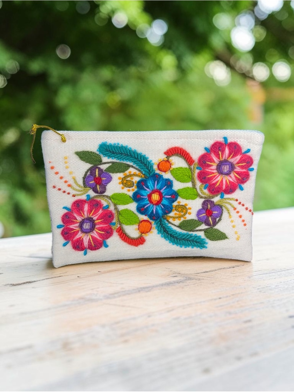 Embroidered Floral Zip Pouch - Cream with Multicolor Flowers cotton